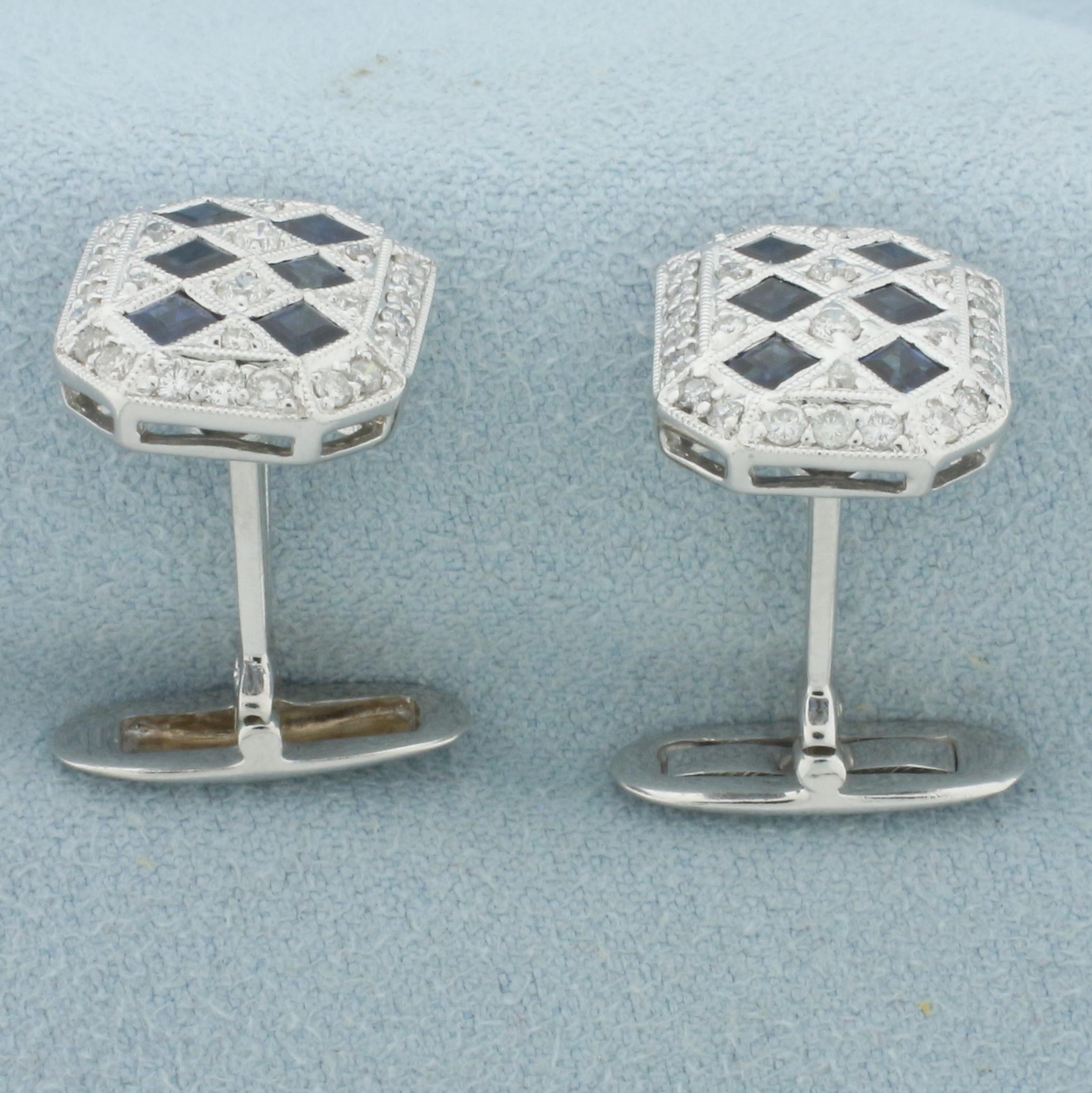 Sapphire And Diamond Harlequin Deco Design Cufflinks In 18k White Gold