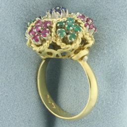 Italian Sapphire Ruby And Emerald Flower Ring In 18k Yellow Gold