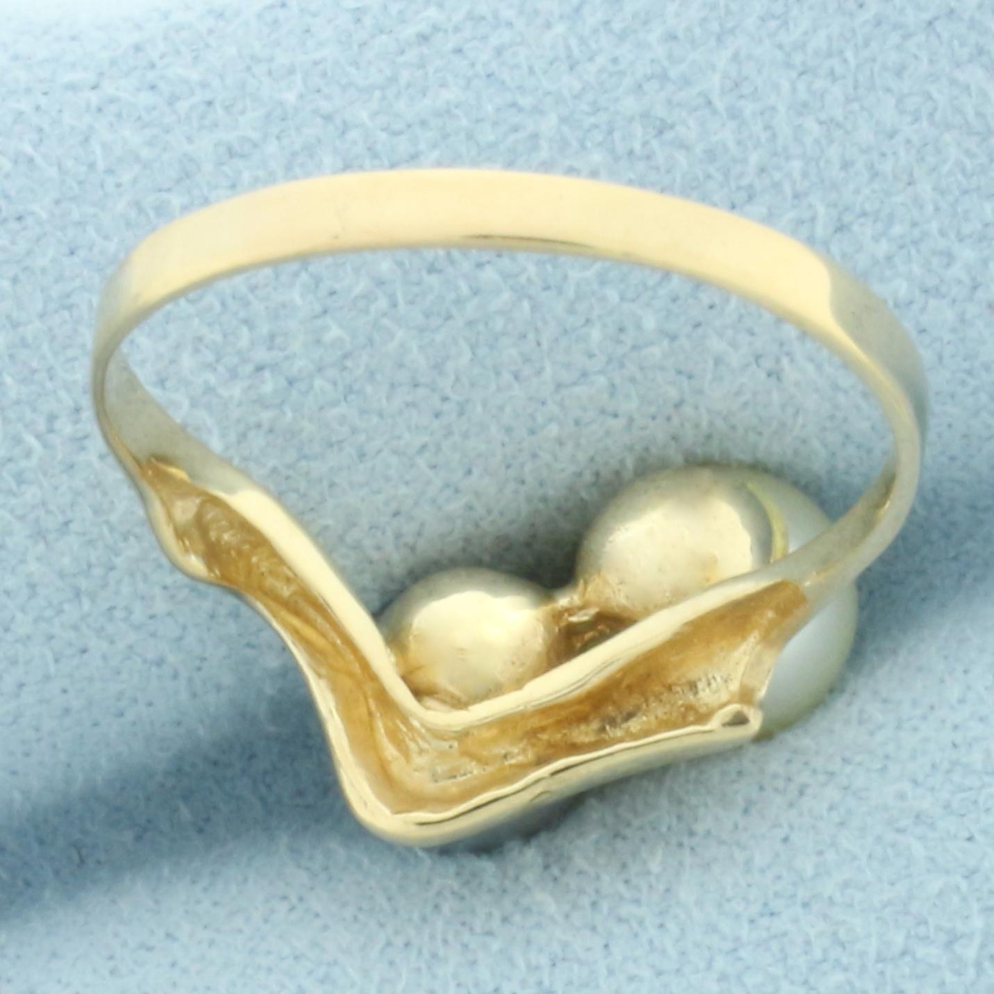 Silver And Cream Cultured Akoya Pearl Toi Et Moi Ring In 14k Yellow Gold