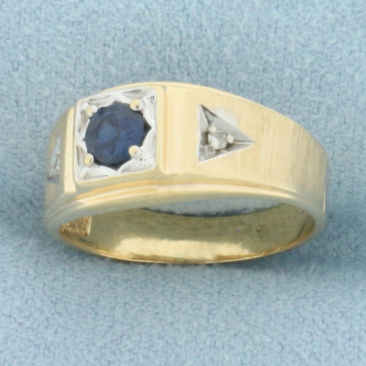 Sapphire And Diamond Satin Finish Ring In 14k Yellow Gold