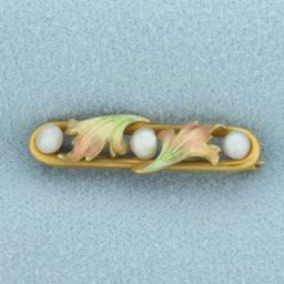 Antique Art Nouveau Pearl And Leaf Enameled Pin Brooch In 14k Yellow Gold