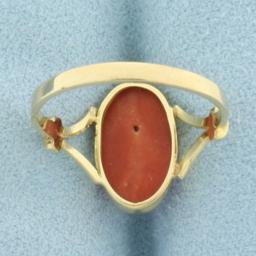 Bezel Set Red Coral Solitaire Ring In 18k Yellow Gold