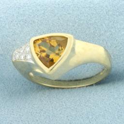 Bezel Trillion Citrine And Diamond Ring In 14k Yellow Gold