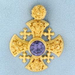 Designer Purple Sapphire Cross Pendant In 18k Yellow Gold