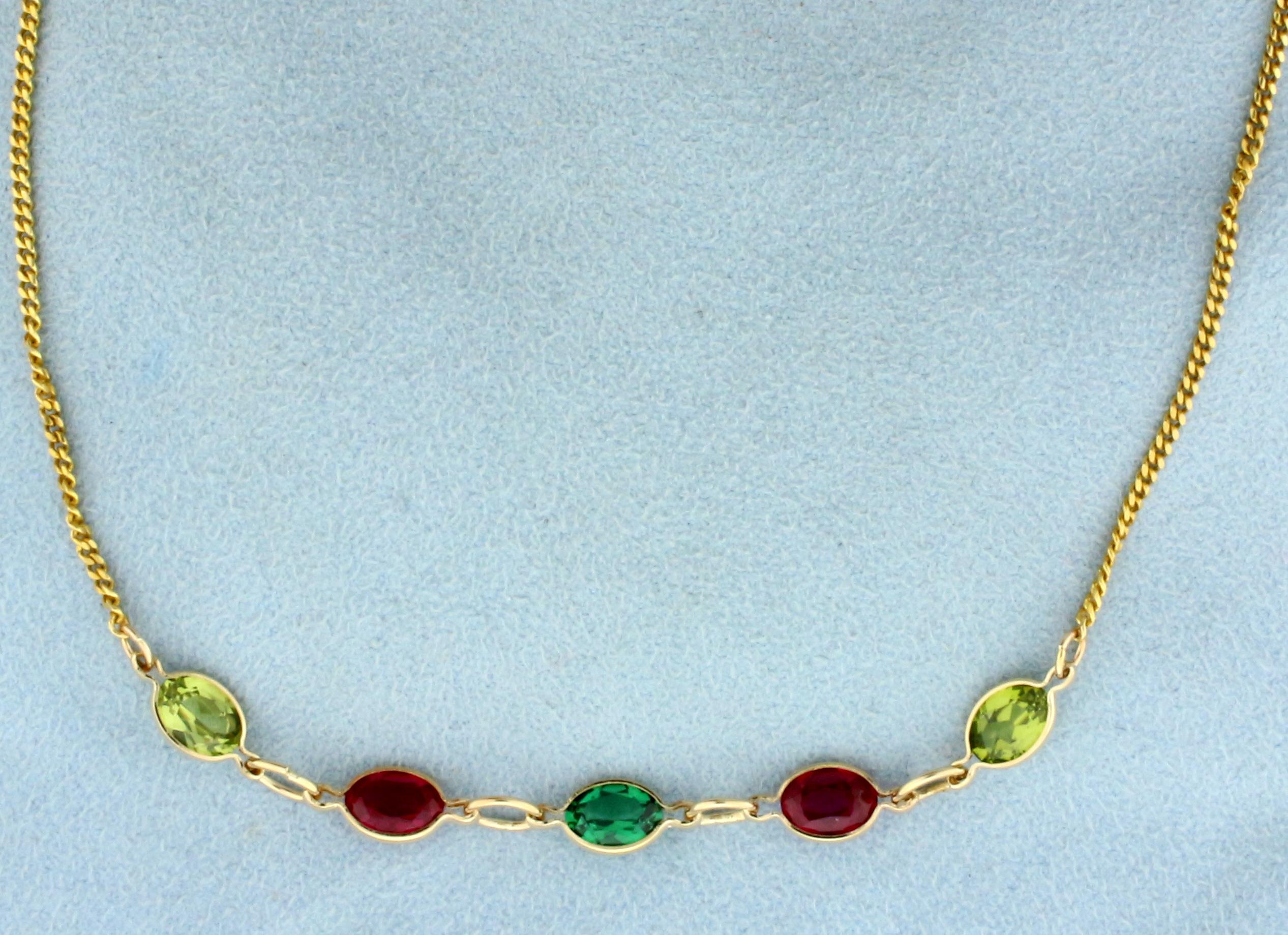 5ct Tw Lab Emerald, Lab Ruby, And Peridot Necklace In 14k Yellow Gold