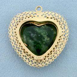 Vintage Jade And Pearl Heart Pendant In 14k Yellow Gold