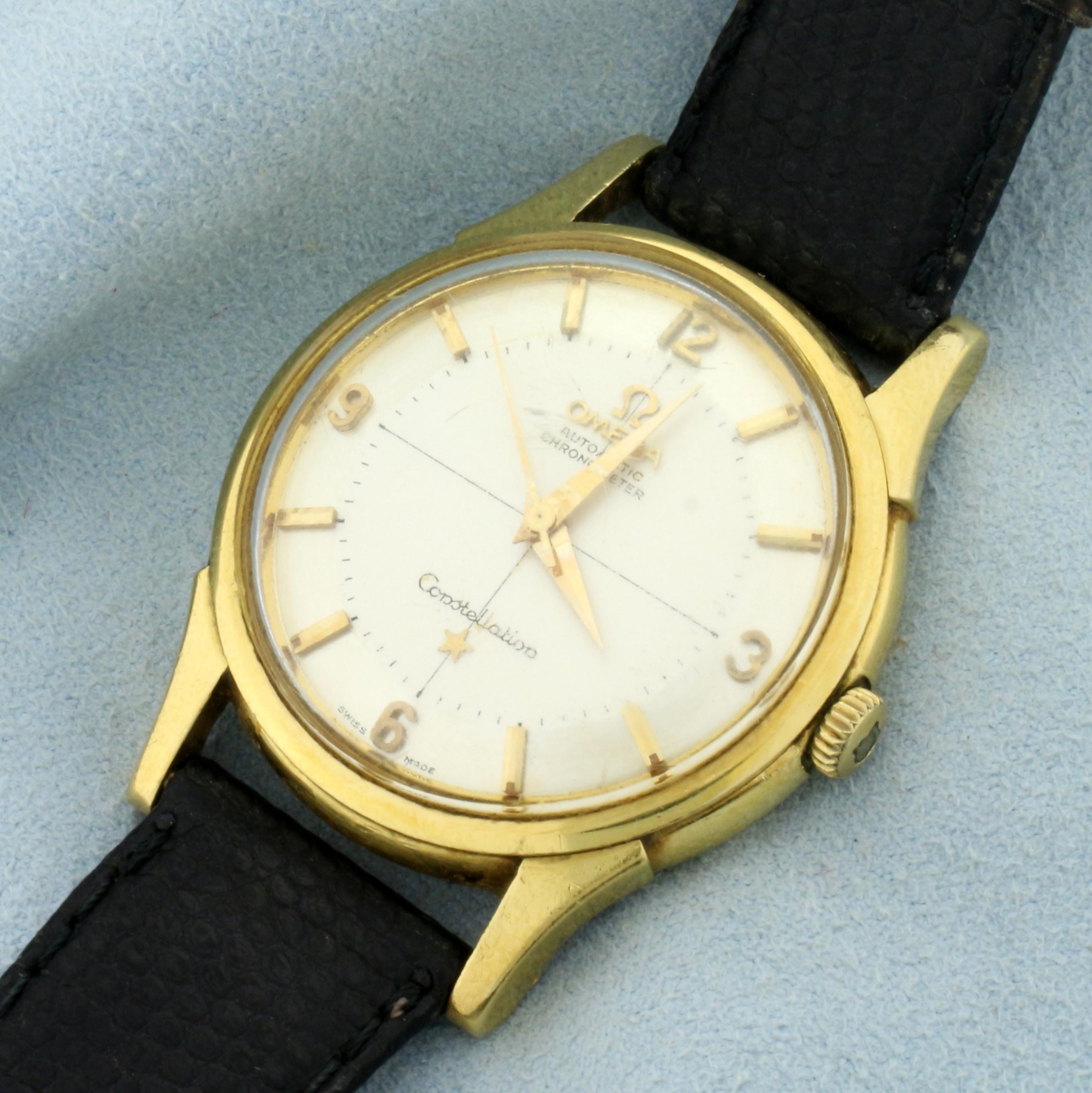 Vintage Mens Omega Constellation Automatic Chronometer Wrist Watch In 18k Yellow Gold Case