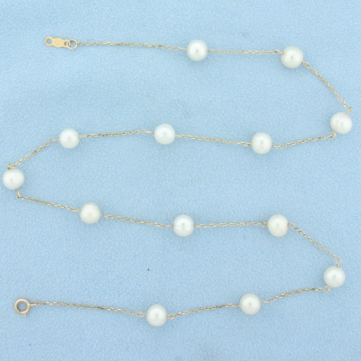 17 Inch Station Cultured Pearl Necklace In 14k Yellow Gold