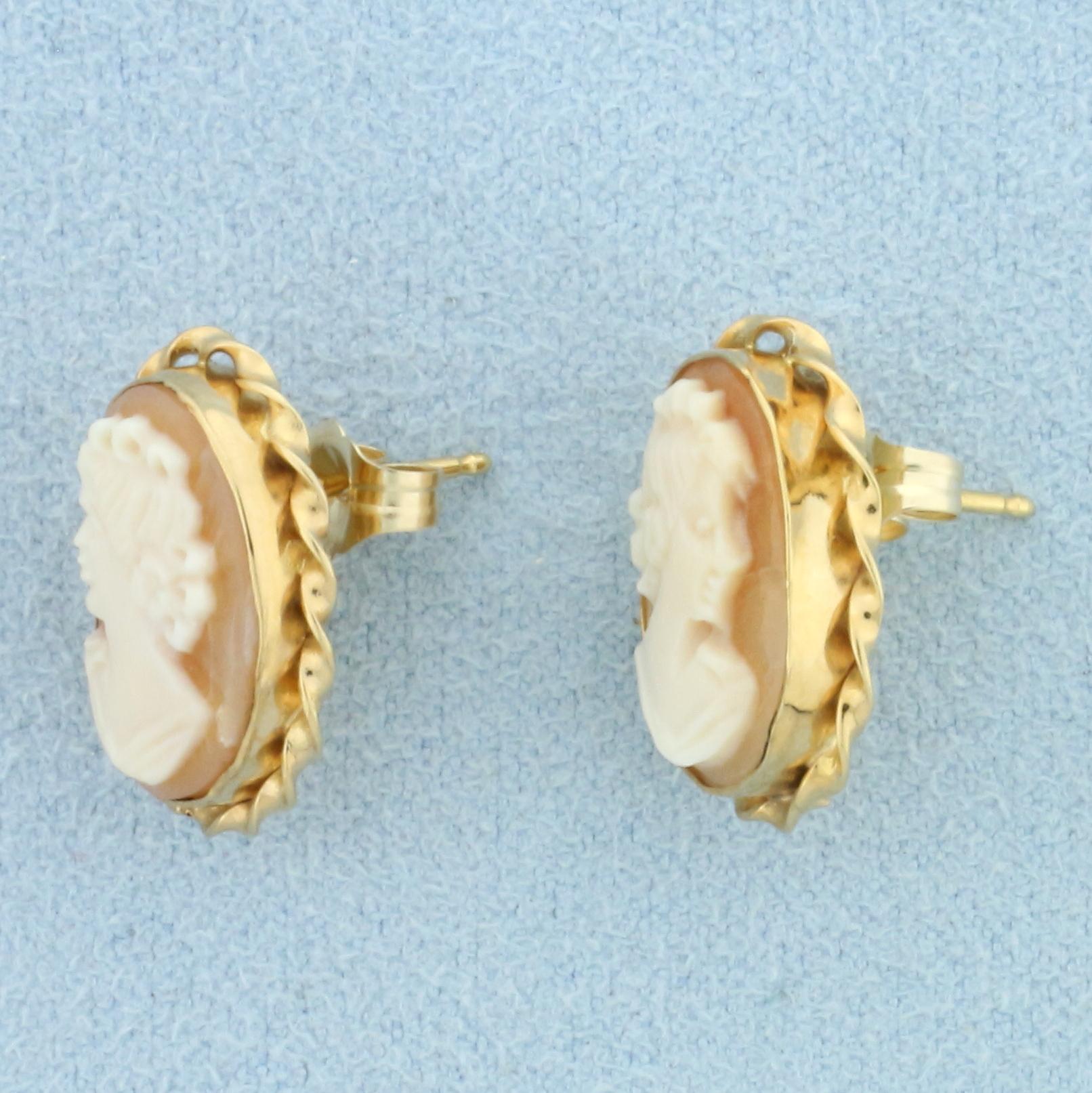 Designer Van Dell Cameo Stud Earrings In 14k Yellow Gold