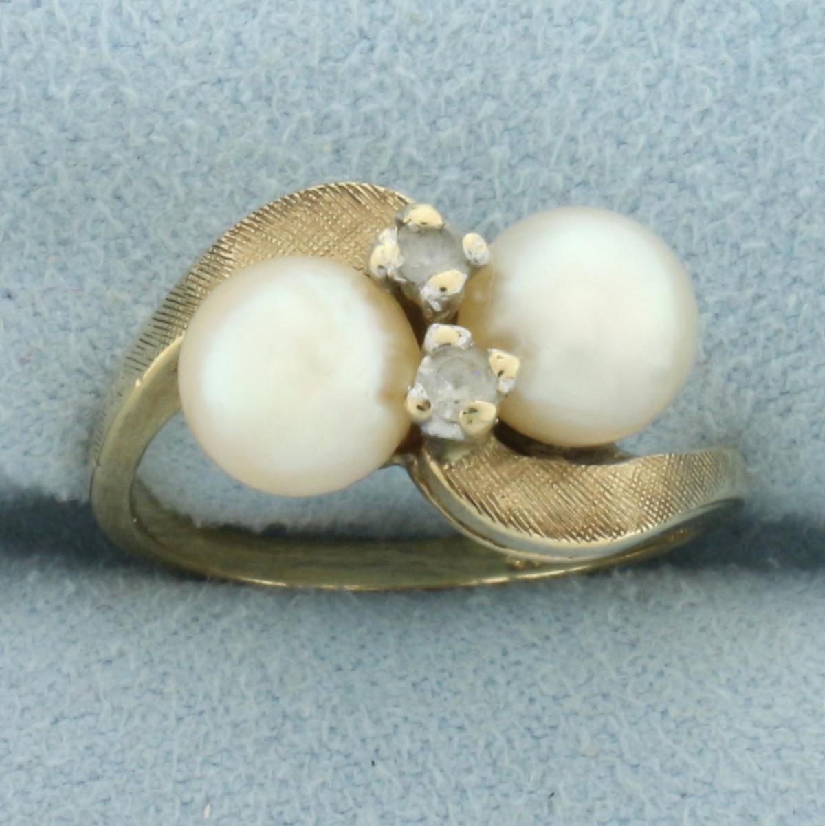 Akoya Pearl And White Sapphire Moi Et Toi Ring In 10k Yellow Gold