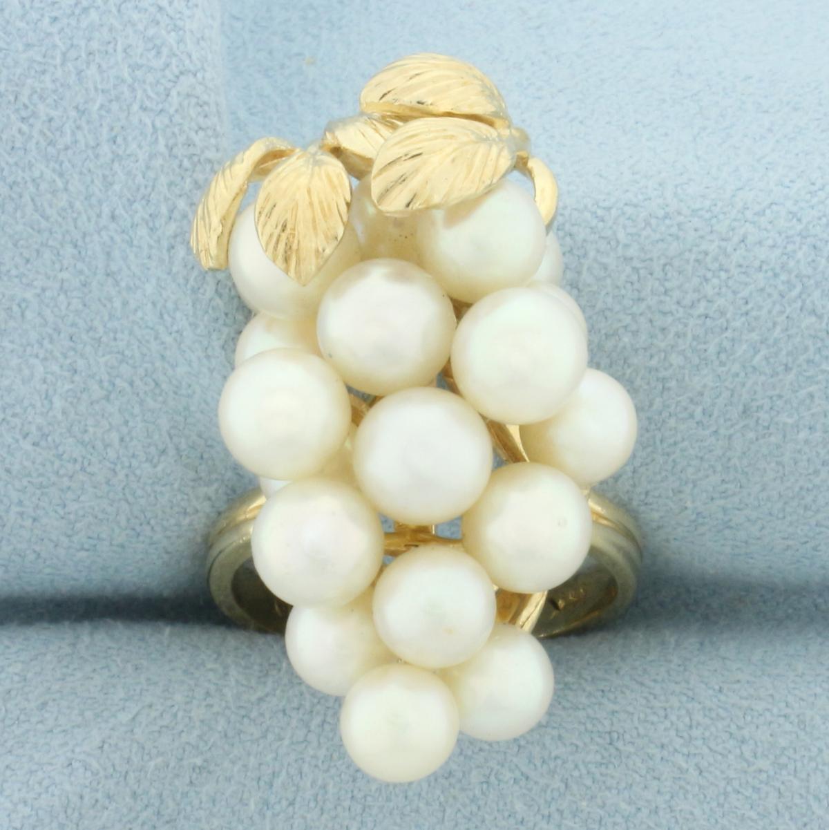 Unique Cultured Akoya Pearl Bunch Of Grapes Ring In 14k Yellow Gold