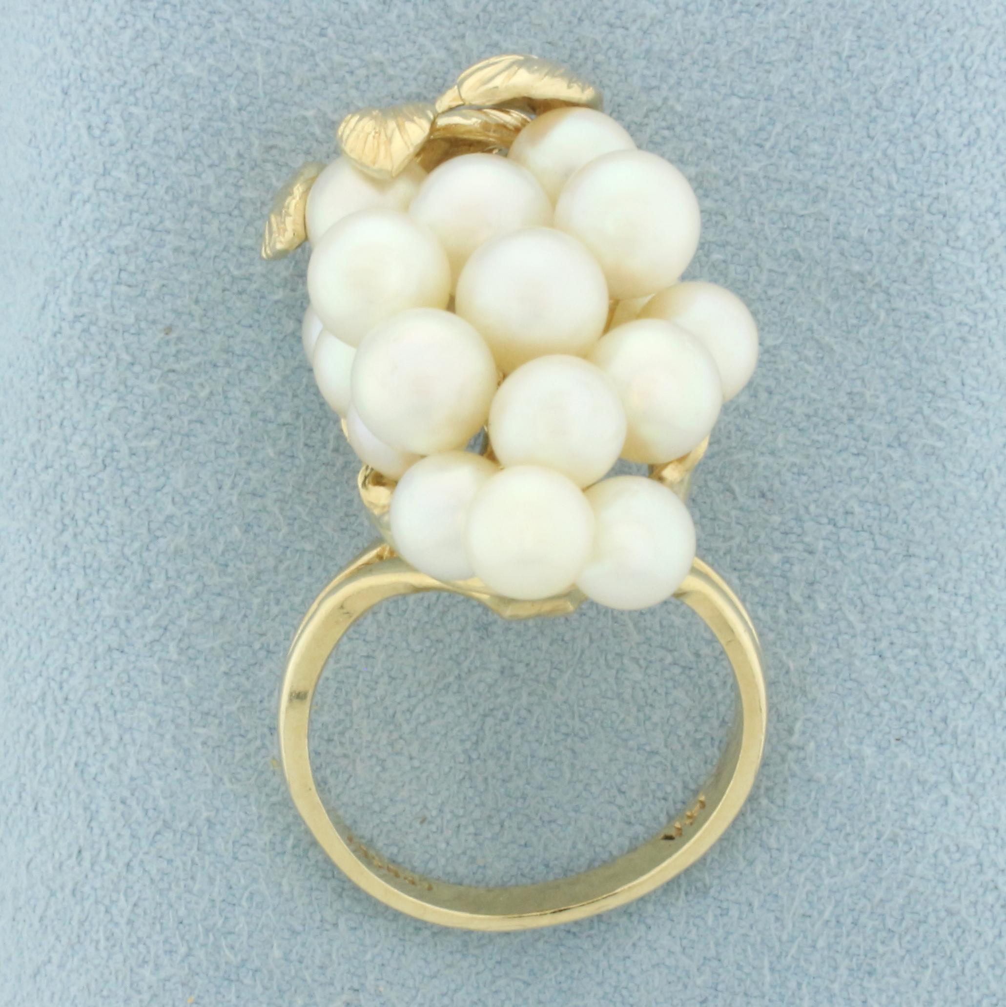 Unique Cultured Akoya Pearl Bunch Of Grapes Ring In 14k Yellow Gold
