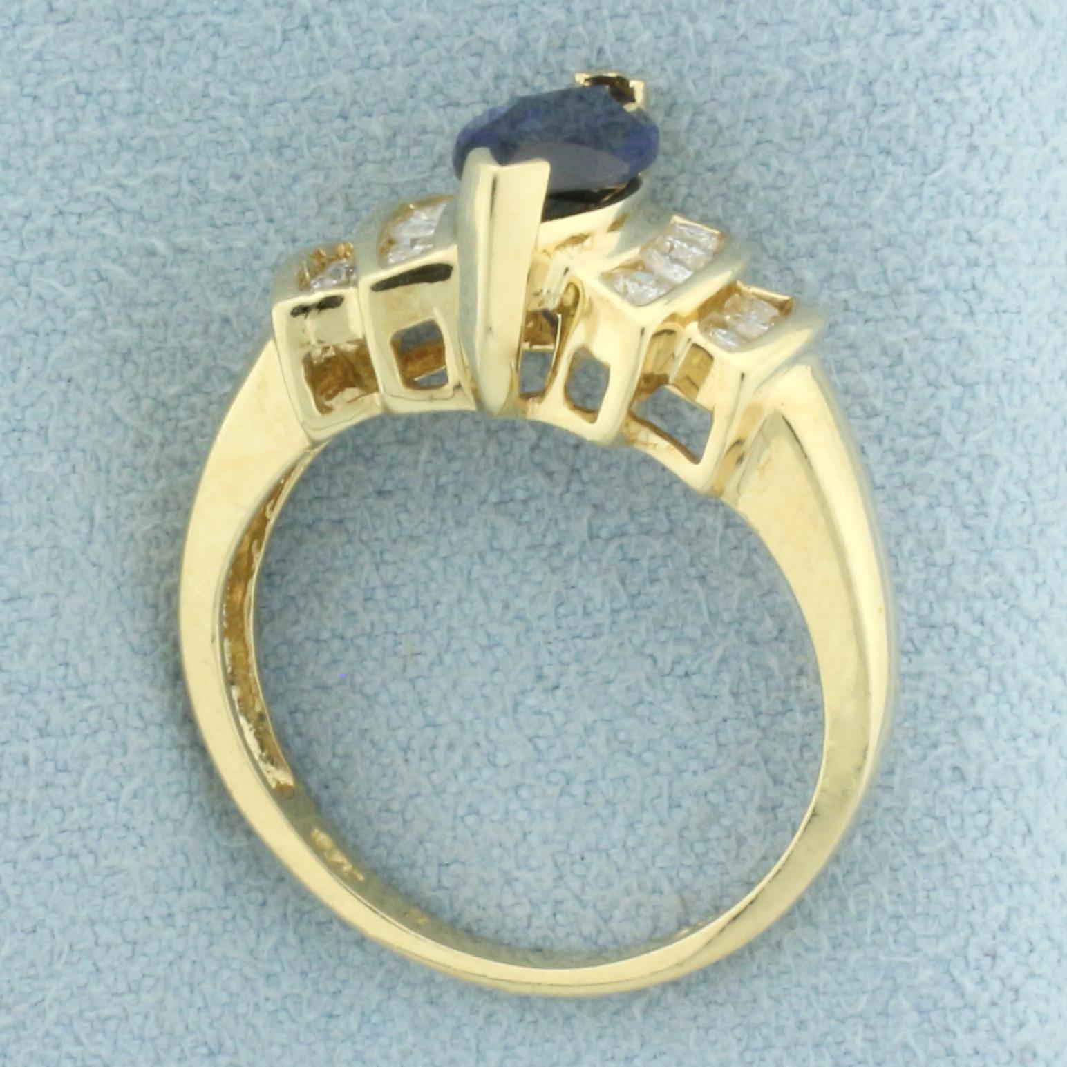 Natural Sapphire And Diamond Ring In 14k Yellow Gold