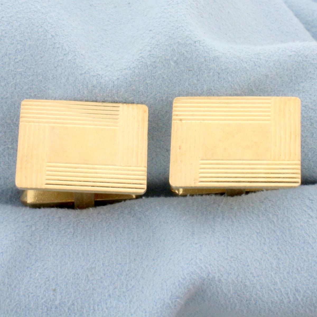 Rectangular Grooved Border Cufflinks In 14k Yellow Gold