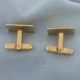 Rectangular Grooved Border Cufflinks In 14k Yellow Gold