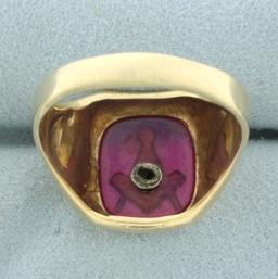 Vintage Lab Ruby Masonic Ring In 10k Yellow Gold