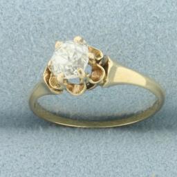 Antique 3/4ct Old Mine Cut Diamond Solitaire Engagement Ring In 14k Yellow Gold