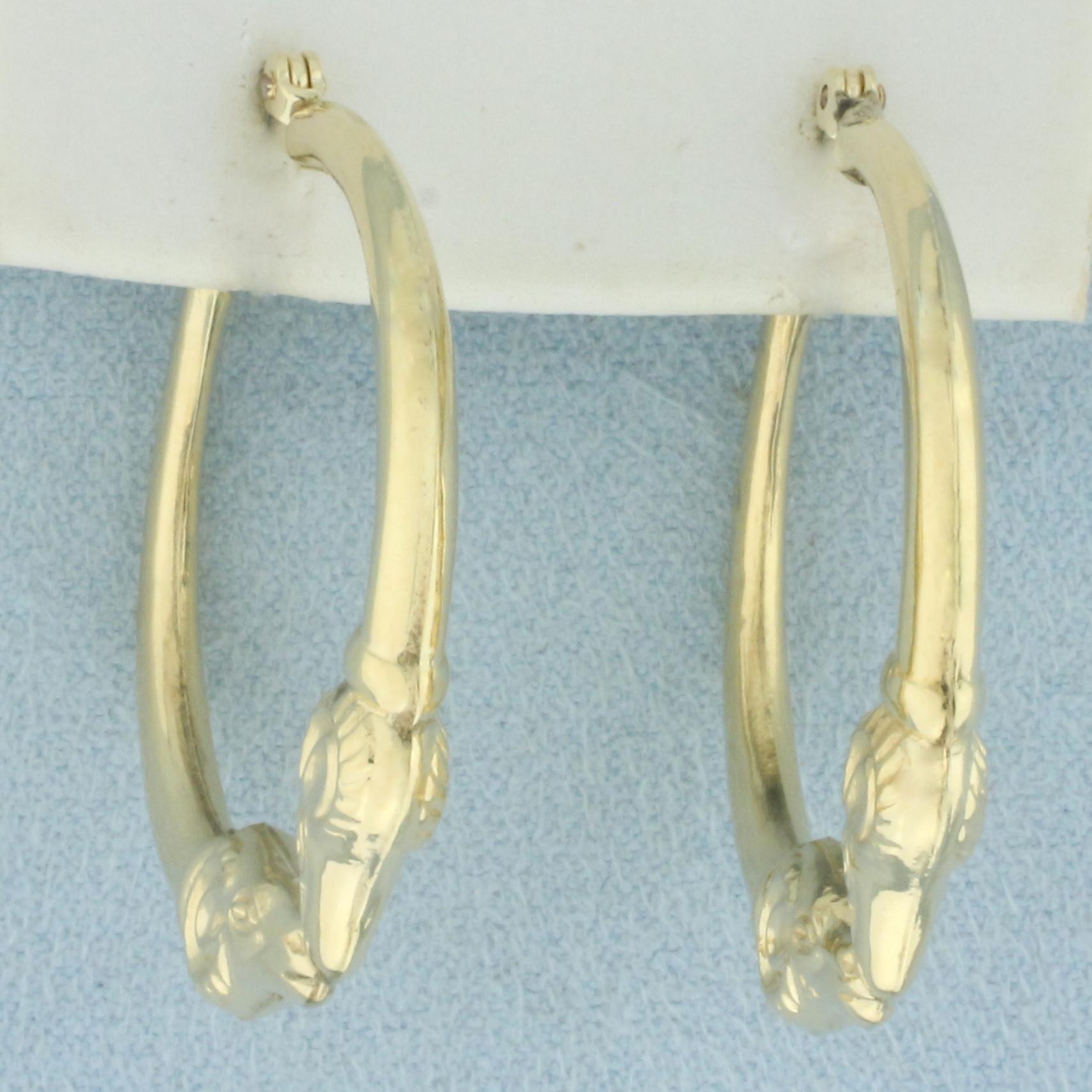 Vintage Double Ram's Head Hoop Earrings In 14k Yellow Gold
