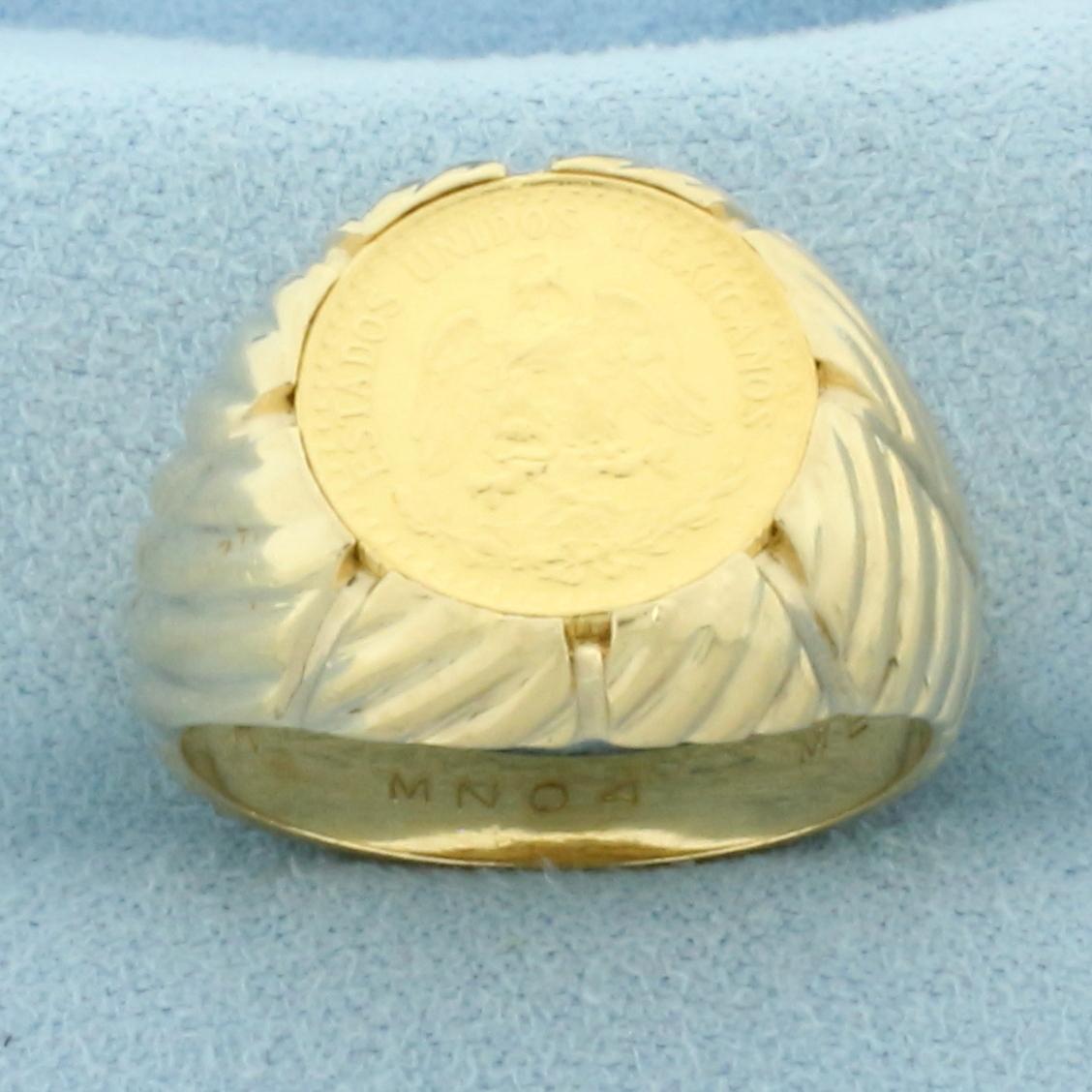 Mens 1945 Mexican Dos Pesos Gold Coin Ring In 14k Yellow Gold