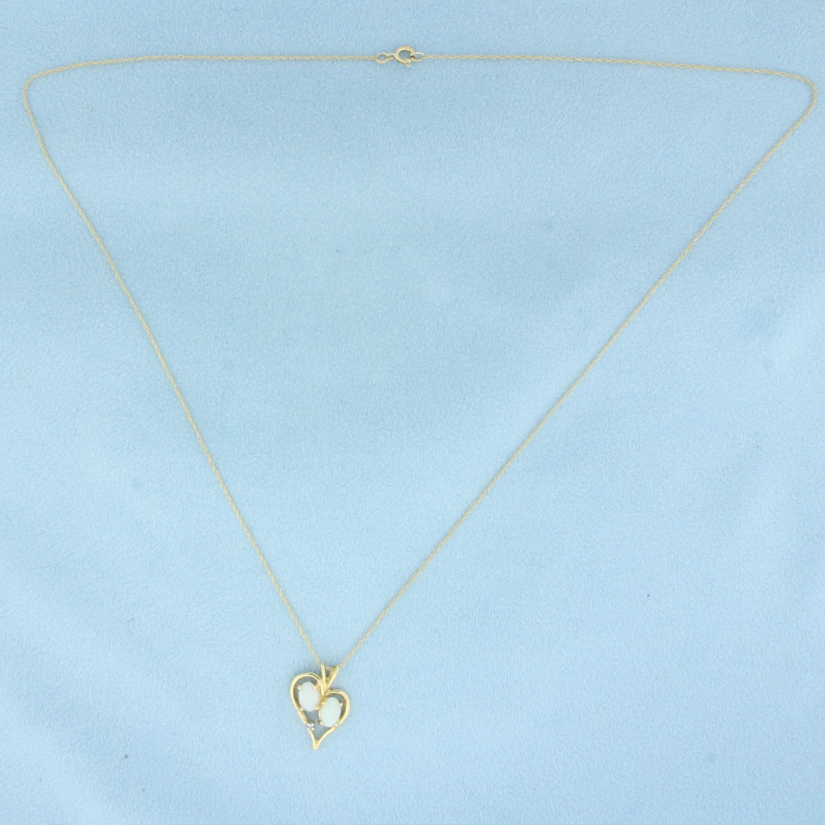 Opal And Diamond Heart Necklace In 14k Yellow Gold