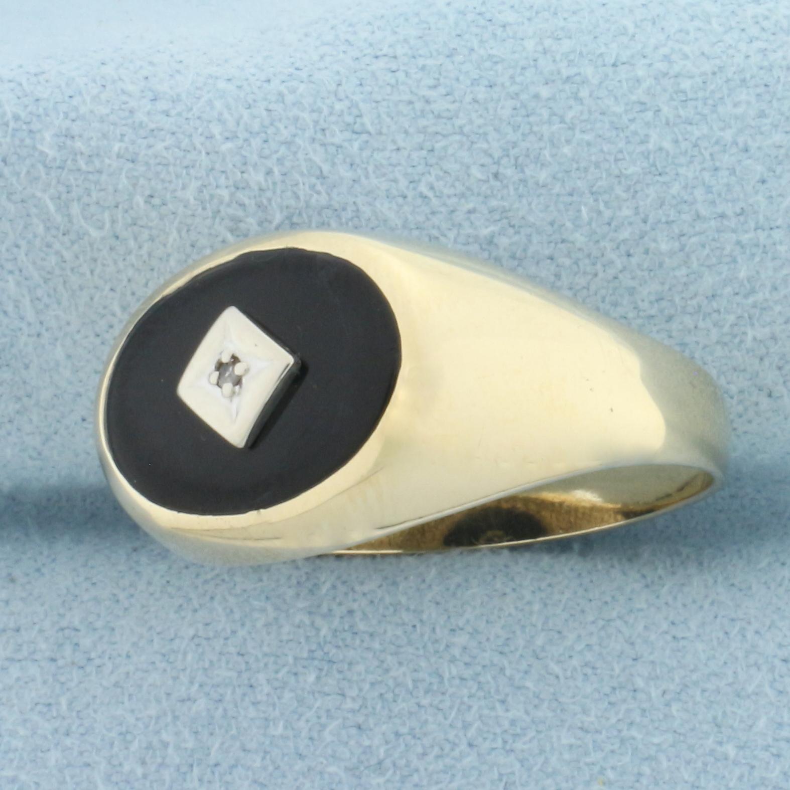 Mens Vintage Onyx And Diamond Signet Ring In 10k Yellow Gold