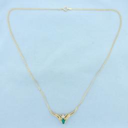 Green Garnet And Diamond V Necklace In 10k Yellow Gold