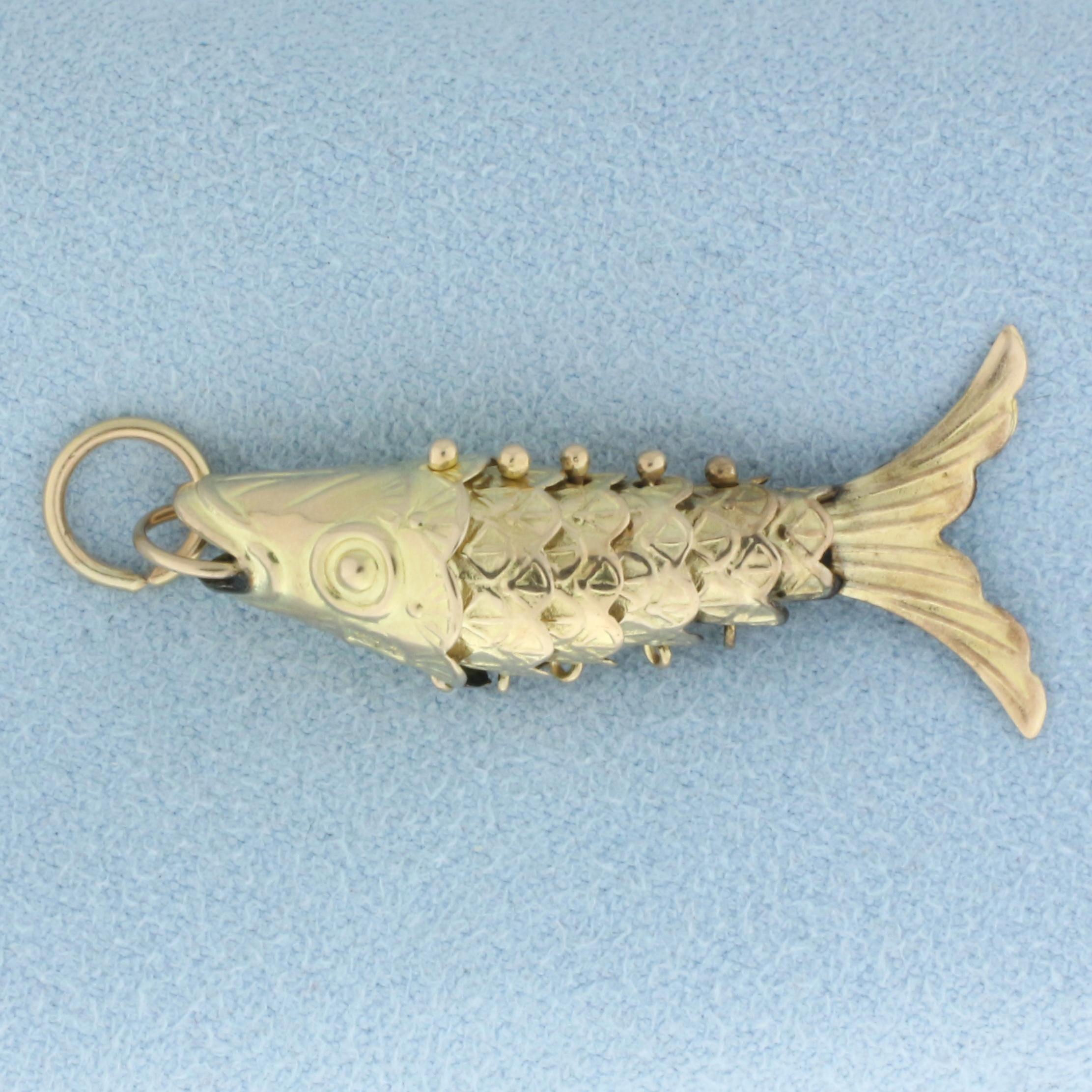 Vintage Articulating Mechanical Fish Charm Or Pendant In 14k Yellow Gold