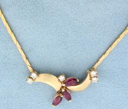 Italian Made Ruby And Diamond Necklace In 14k Yellow Gold