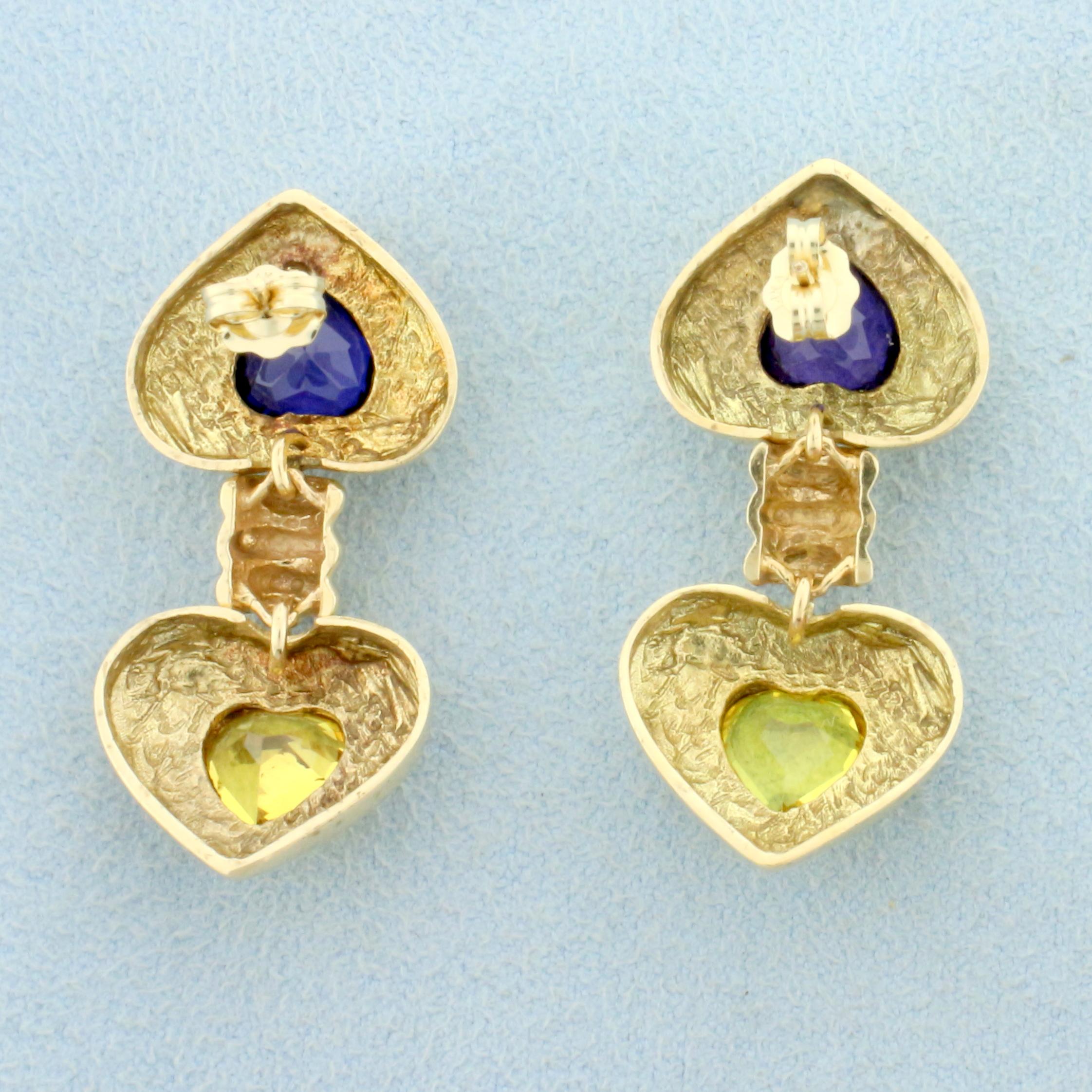 5ct Tw Purple And Yellow Sapphire Dangle Heart Earrings In 14k Yellow Gold