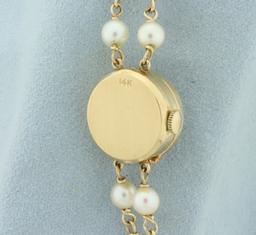 Vintage Honora Akoya Cultured Pearl Concealed Watch In 14k Yellow Gold