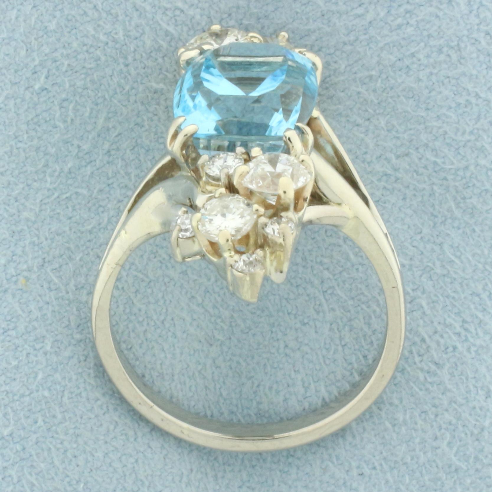 Vintage Blue Topaz And Diamond Retro Era Cocktail Ring In 14k White Gold.