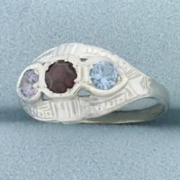 Garnet, Blue Topaz, And Sapphire Deco 3 Stone Ring In 14k White Gold