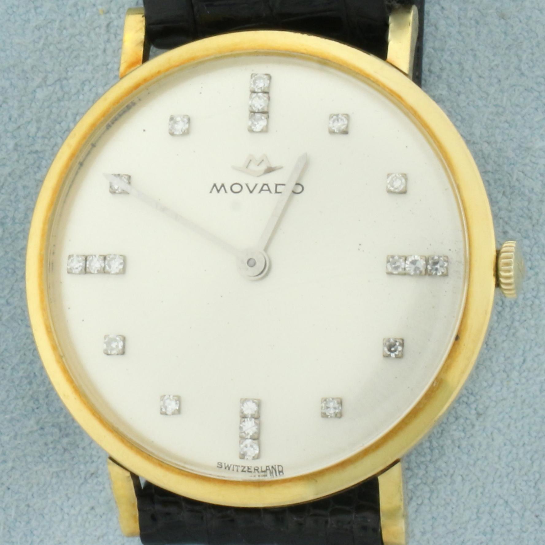 Vintage Mens Movado Diamond Dial Dress Watch In 18k Yellow Gold