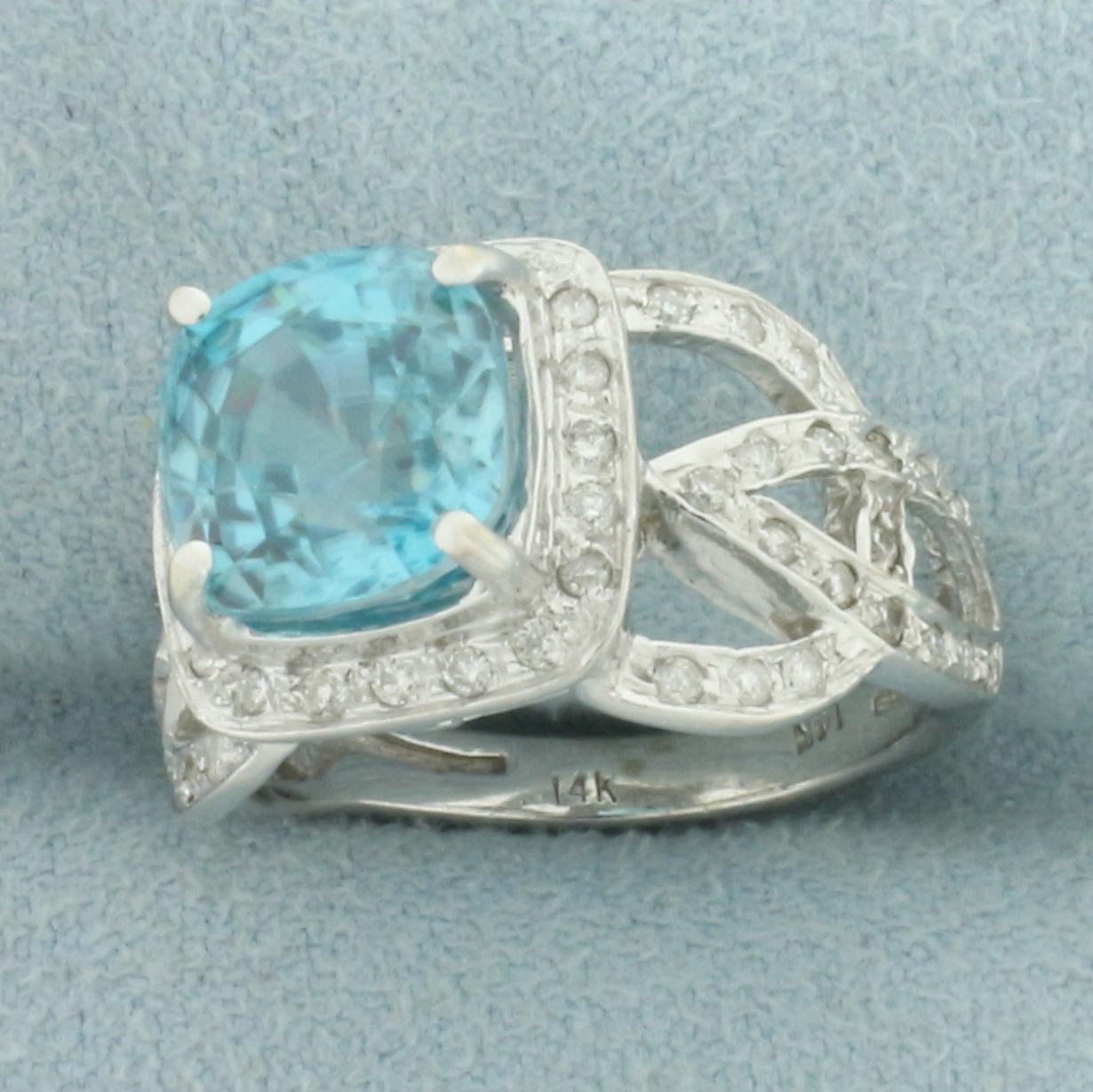 Swiss Blue Topaz And Diamond Halo Ring In 14k White Gold