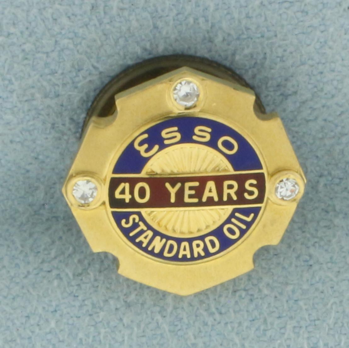 Vintage Esso Standard Oil 40 Years Diamond Pin In 14k Yellow Gold