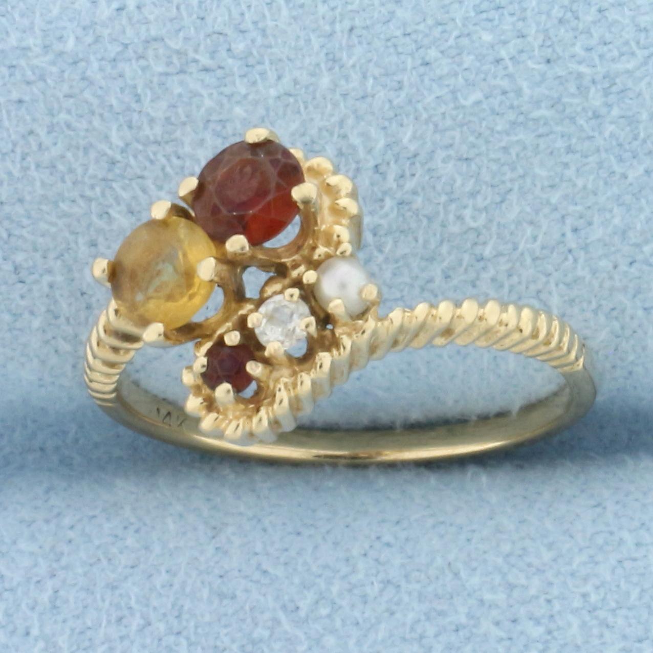 Diamond, Garnet, Citrine, And Seed Pearl Ring In 14k Yellow Gold