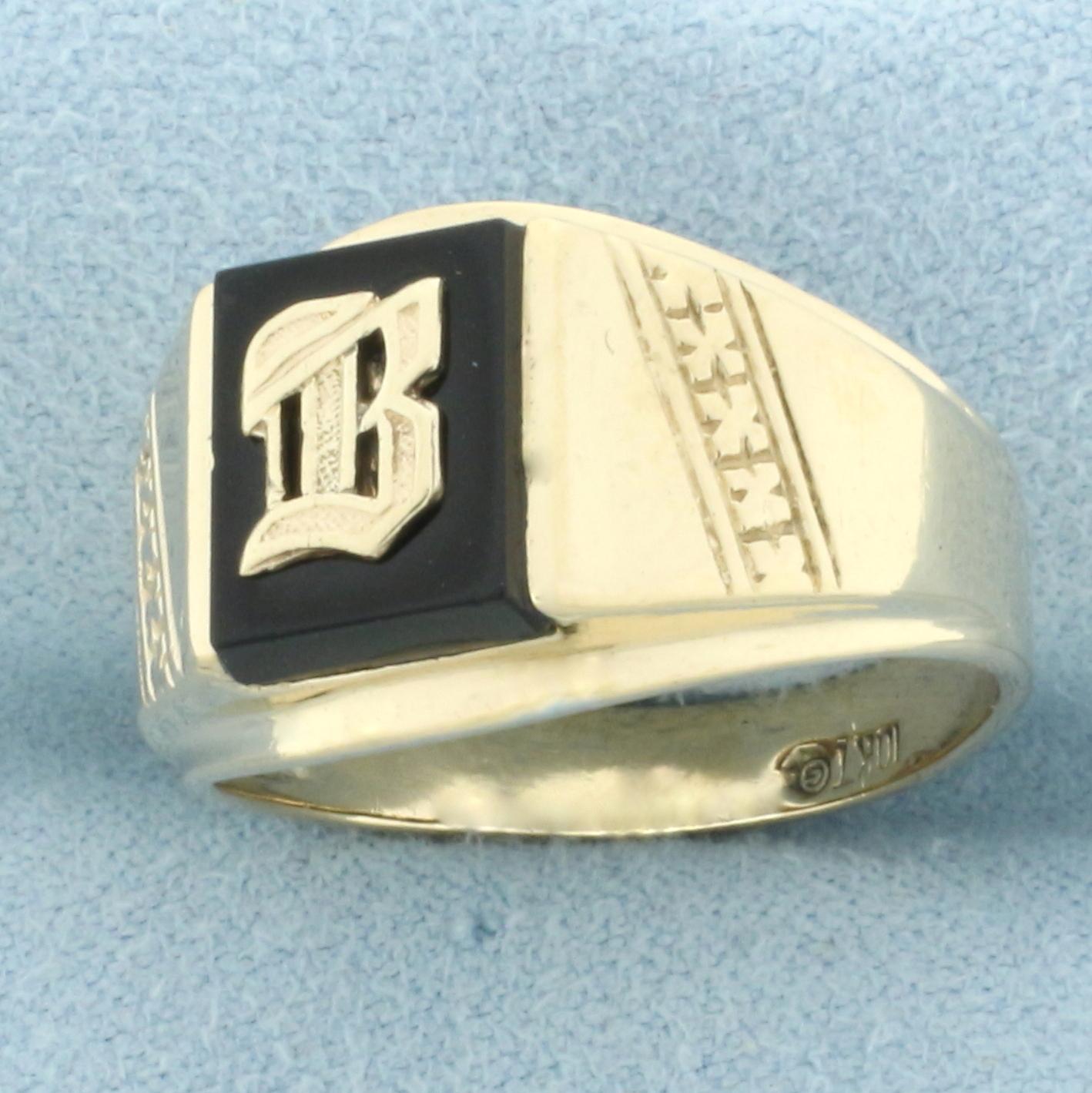 B Initial Onyx Signet Ring In 10k Yellow Gold