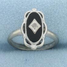 Antique Rose Cut Diamond And Onyx Ring In 10k White Gold