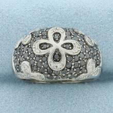 Black And White Diamond Pave Flower Ring In 14k White Gold
