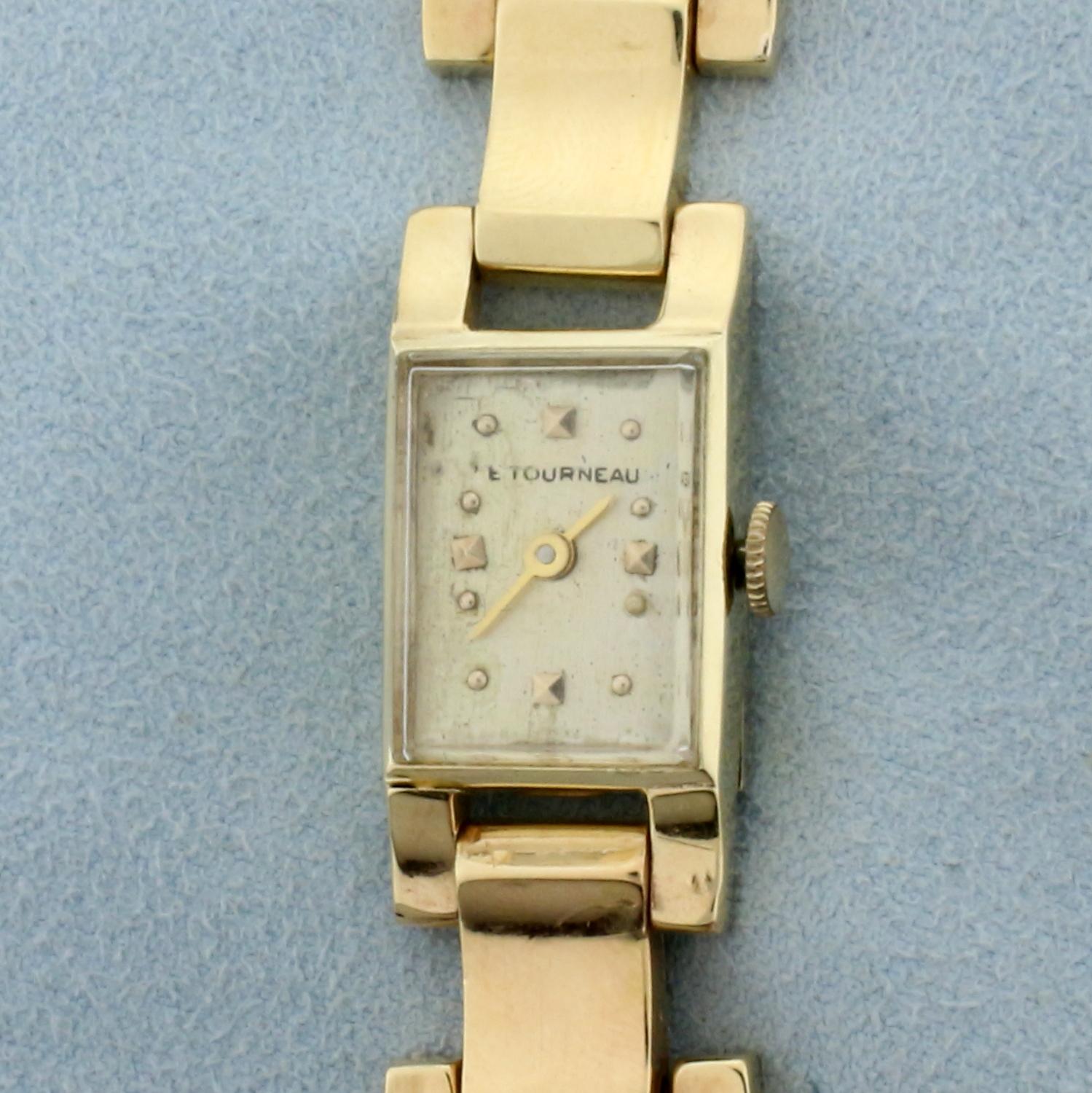 Womens Vintage Tourneau Wrist Watch In Solid 14k Yellow Gold