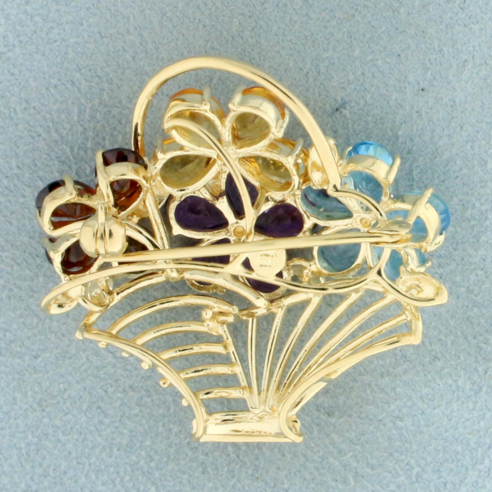 Rainbow Gemstone And Diamond Flower Basket Pin In 14k Yellow Gold