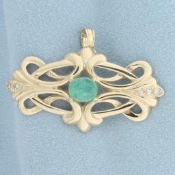 Vintage Emerald And Diamond Pendant In 14k Yellow Gold