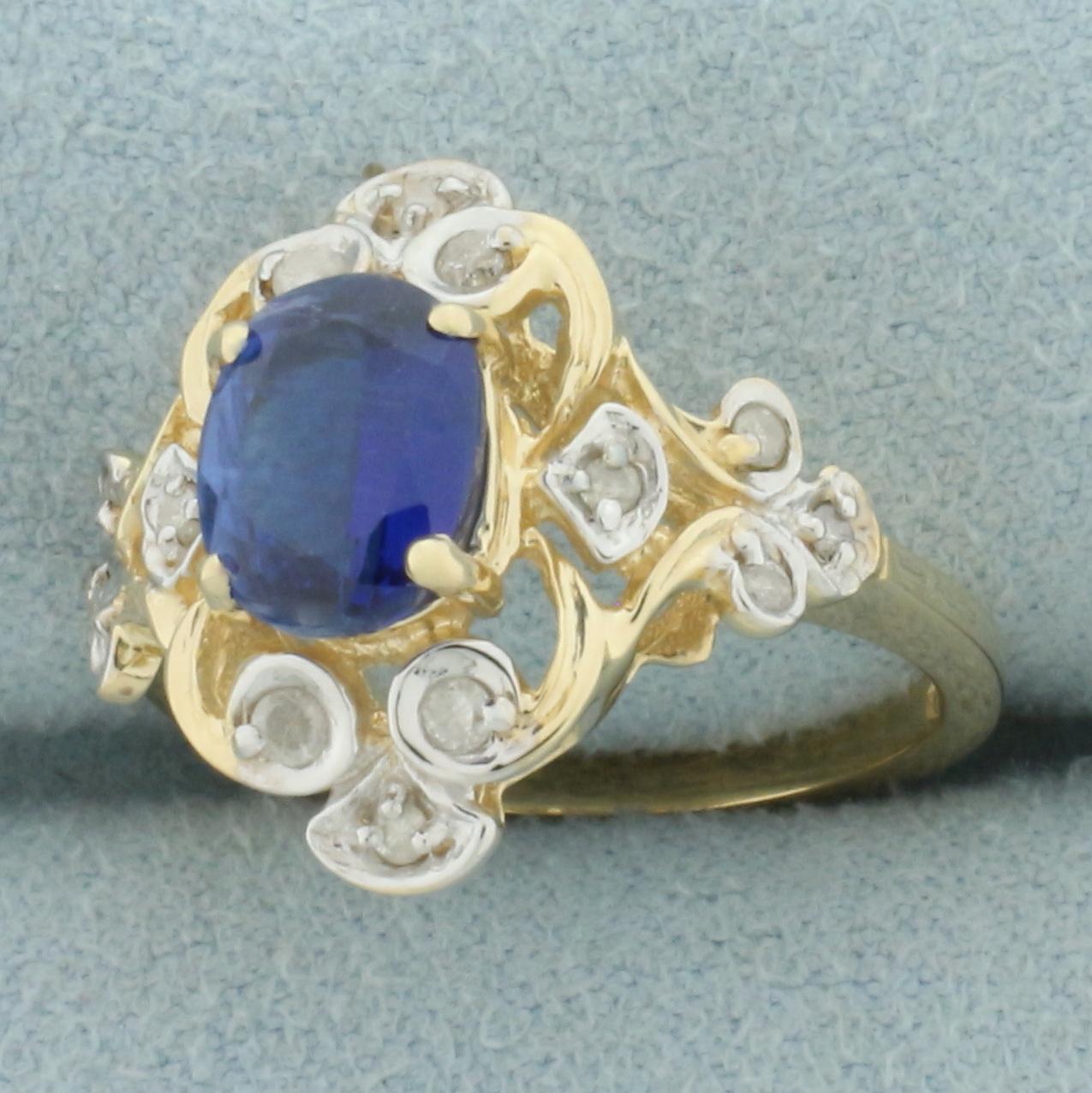 Sapphire And Diamond Scroll Design Ring In 14k Yellow Gold