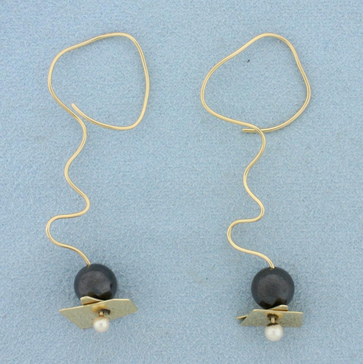 Custom Made Pearl Wire Dangle Earrings In 14k Yellow Gold