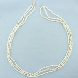 Triple Strand Baroque Pearl And Gold Bead Necklace In 14k Yellow Gold