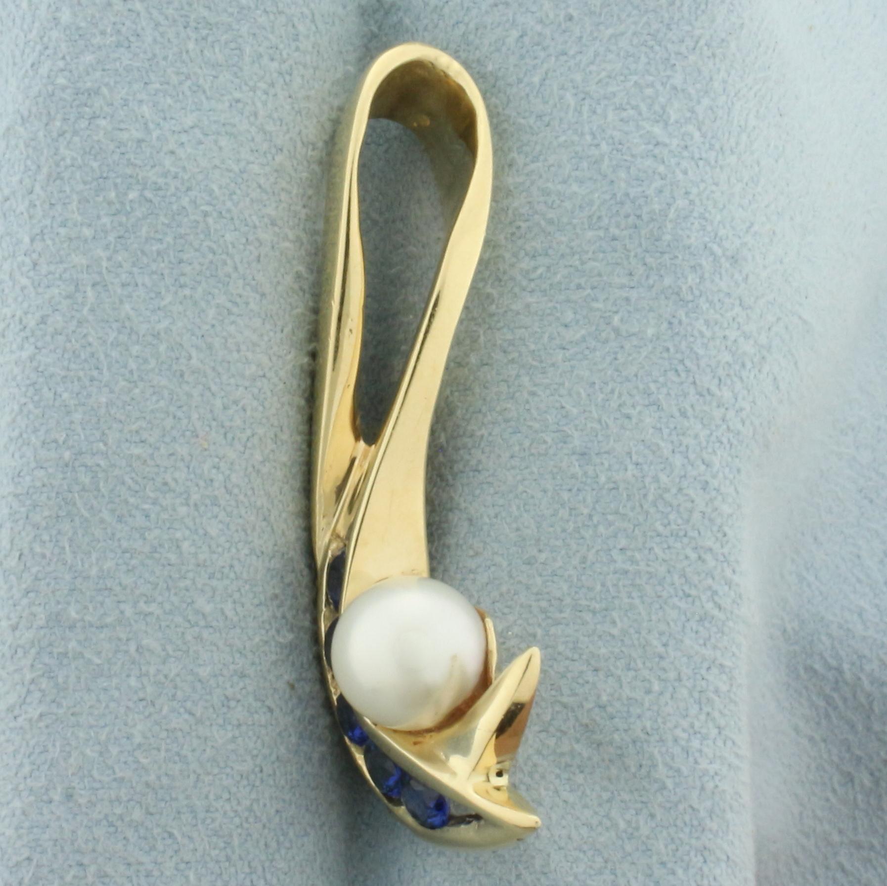 Designer Sapphire, Diamond, And Akoya Pearl Slide Pendant In 14k Yellow Gold