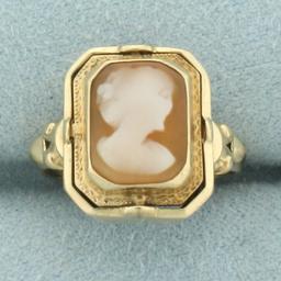 Antique Spinning Shell Carved Cameo And Onyx/diamond Ring In 14k Yellow Gold