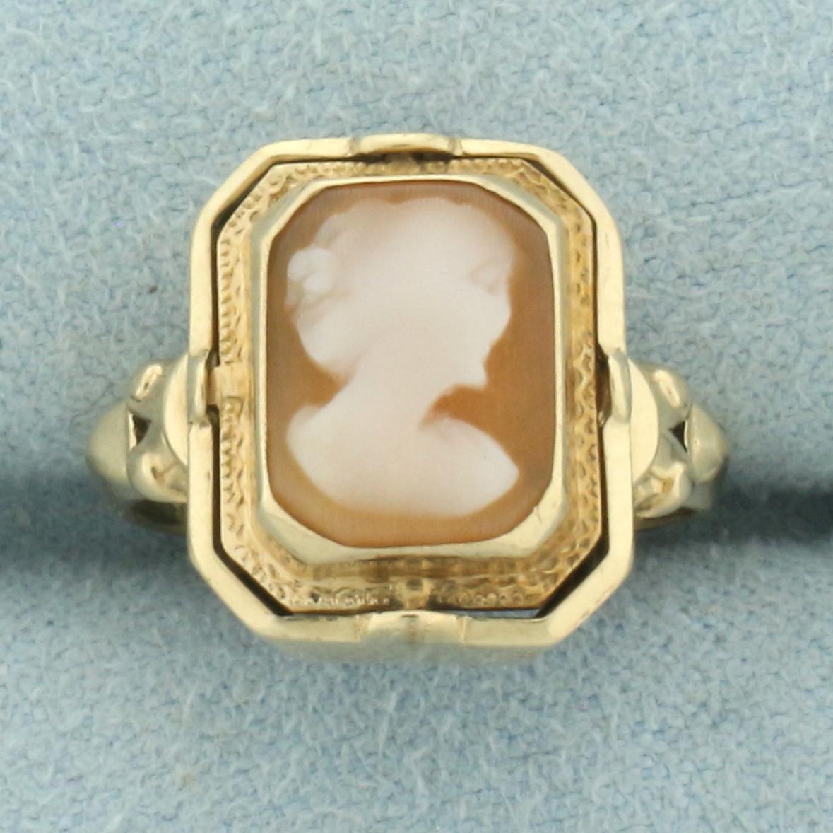 Antique Spinning Shell Carved Cameo And Onyx/diamond Ring In 14k Yellow Gold