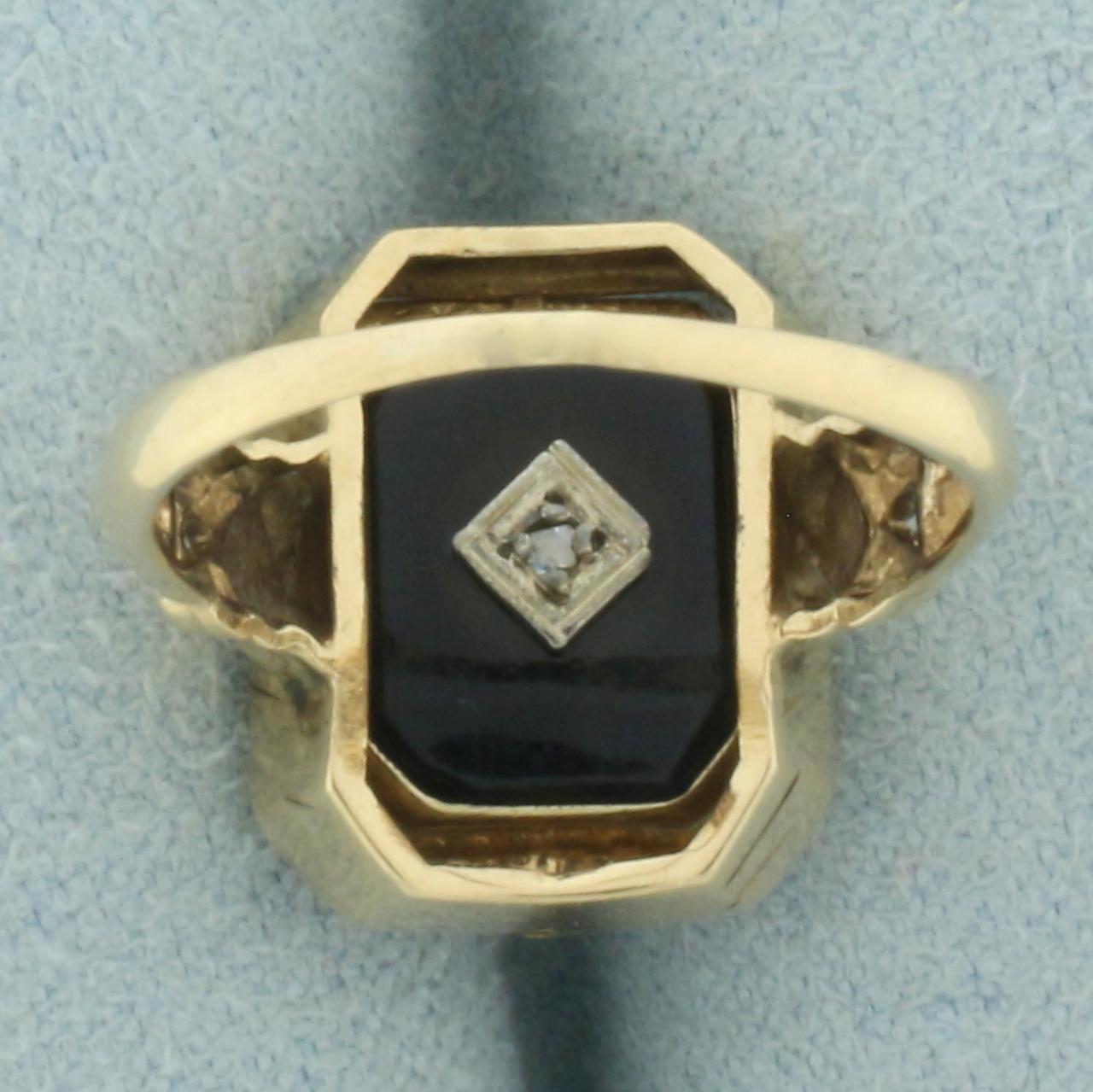 Antique Spinning Shell Carved Cameo And Onyx/diamond Ring In 14k Yellow Gold