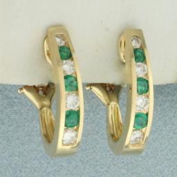 Emerald And Diamond J-hoop Earrings In 14k Yellow Gold